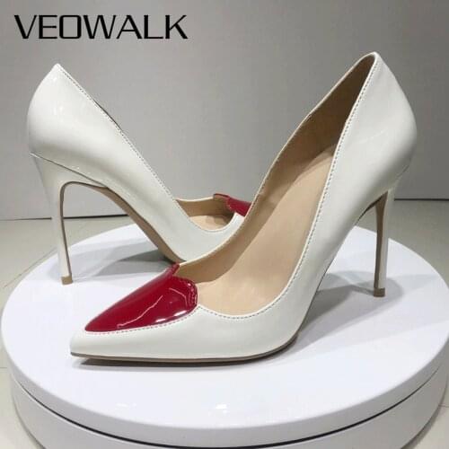 Veowalk Women Sweetheart Pattern Pointed Toe Pumps White High Heel Stilettos Fashion Office Ladies Dress Shoes Plus Size 33-45