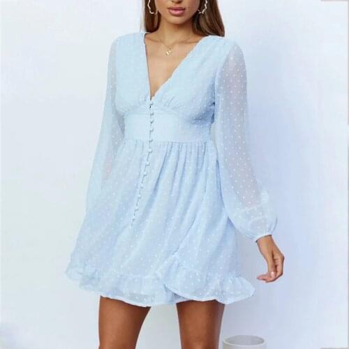 Foridol Pompom Polka Dot Chiffon Autumn Dress Women Long Sleeve Button A-line Blue Spring Dress V Neck Party Dress Robe