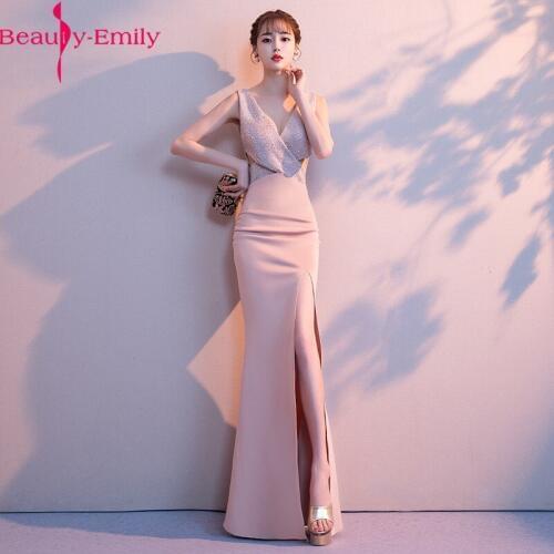 Beauty Emily Sexy V Neck Sleeveless Mermaid Evening Dress 2020 Fashion Hollow Out Sequined Zipper Back with High Side Split