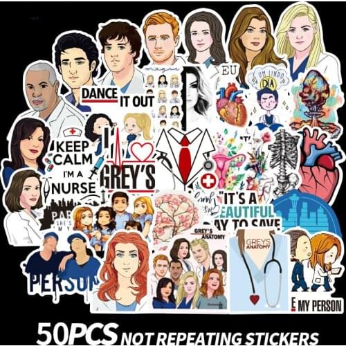 50 Pcs/lot Classic American Drama Greys Anatomy Stickers For Luggage Suitcase Laptop Car Phone PVC Sticker Doctors Gift