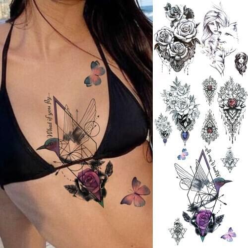 Watercolor Hummingbird Temporary Tattoos For Women Geometric Birds Rose Fake Tattoo Sticker Fake Jewelry Fox Tattos Art Thigh