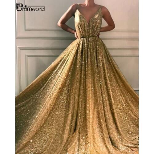 Sparkle Gold Muslim Evening Dresses 2020 Deep V-neck Sleeveless A-line Sequins robe de soiree Long Formal Evening Gown