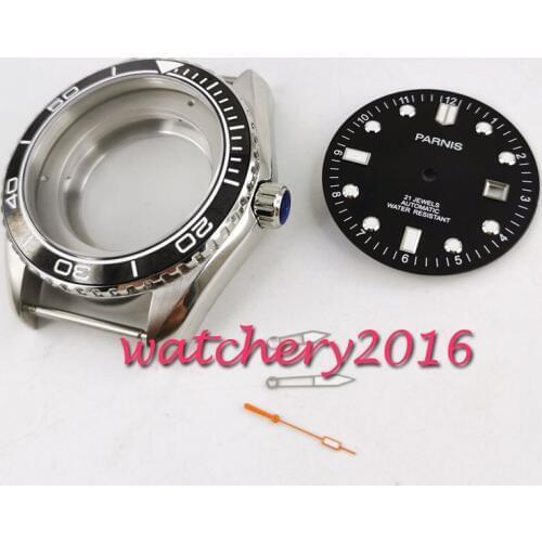 45MM Sapphire Glass Watch Case + Black Dial + hands Fit ETA 8215 2836 Movement
