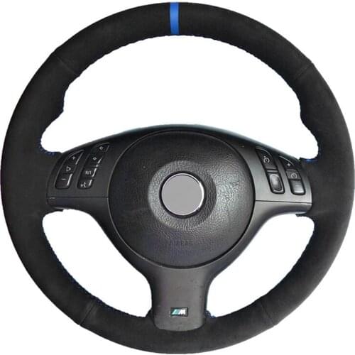 Black Suede Blue Marker Handsewing No-slip Car Steering Wheel Cover for BMW M Sport E46 330i 330Ci E39 540i 525i 530i M3 E46