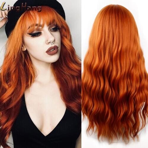 LING HANG Long Wavy Wigs Purple Wig Synthetic Hair With Bangs Wigs For Women Heat-resistant Fiber Anime Cosplay 18 Colors