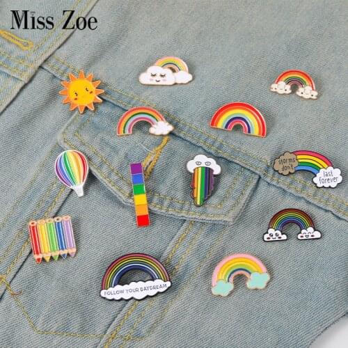 SO Cute Rainbow Enamel Pins Cartoon rainbow clouds Brooches Badge Denim jeans Lapel Pin Dream Jewelry Gift for kids friends