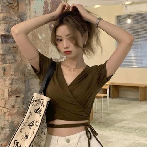 Summer Korean Japanese Harajuku V-neck Strap Short Sleeved T-Shirt Womens 2021 New Slim Short Top Trend Cotton Tshirt Female
