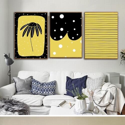 HAOCHU Abstract Geometric Sunflower Black Stripe Minimalist Cartoon Baby Girl Boy Room Decor Hanging Wall Picture Paintings
