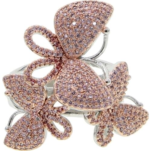 Pink two tone plated 3 pcs cz butterfly ring for women full finger cocktail rings US size 6 7 8 9