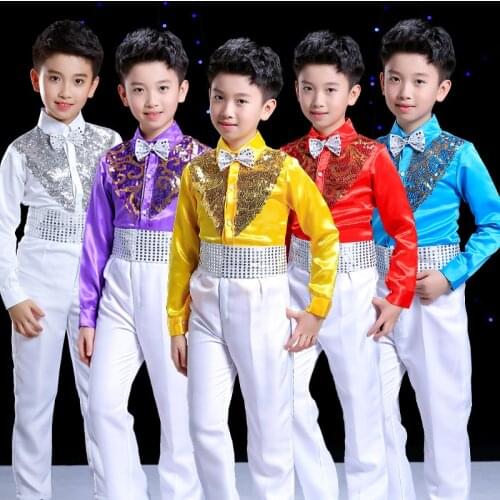 Boys Hip Hop Costume Sequin Shirts White Pants Suit Jazz Costumes Kids Stage Dancing Outfit Children Street Show Wear DNV10645