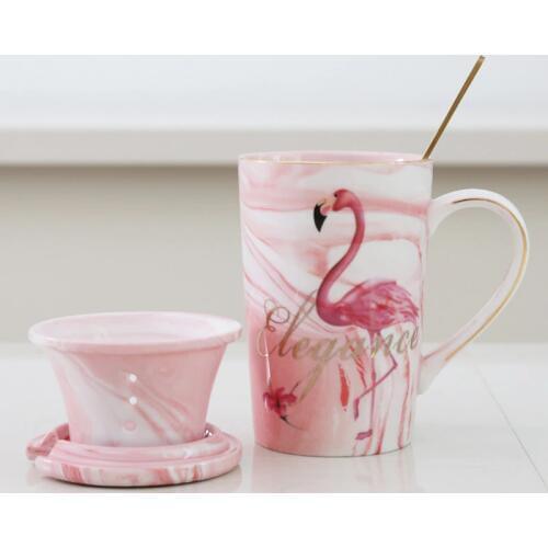 Large Capacity Creative Flamingo Ceramic Mug With Lid Filter Simple Coffee Cup Office Tea Cup three-pieces set