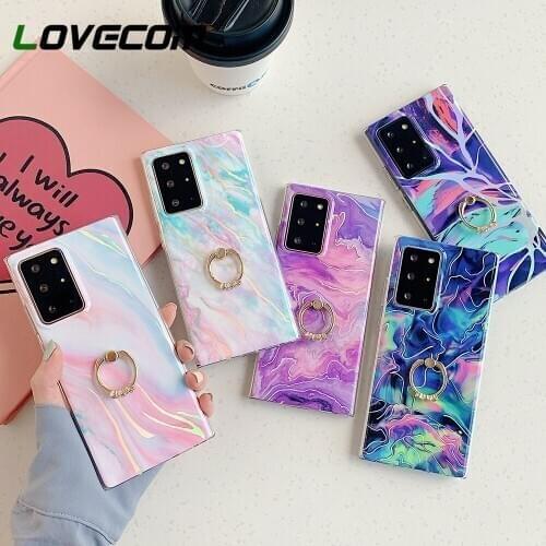 LOVECOM Laser Colorful Marble Finger Ring Phone Case For Samsung S20 S21 Plus S10 S8 S9 A50 A70 A51 A42 Note 20 Soft IMD Cover