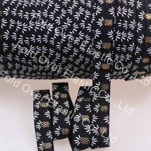 100yards printed foe ribbon, pineapple pattern fold over elastic, 1.5cm width black foe