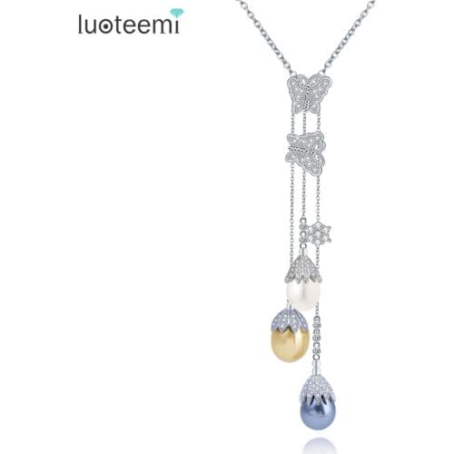 LUOTEEMI New Elegant Long Chain Pearl Necklaces 3pcs Sea Shell Pearls with CZ Flower Pendant Necklace Women Jewelry Wholesale