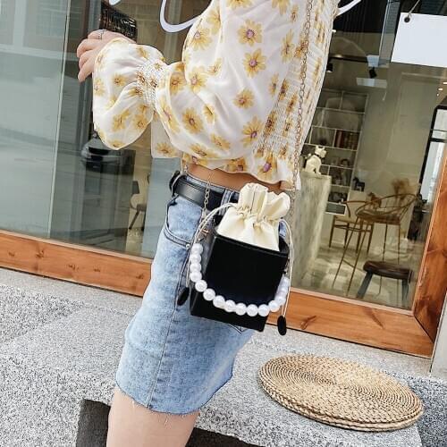 Fashion Square Box Crossbody Bags Women PU Leather Pearl Chain Mini Shoulder Purse Drawstring Female Sling Messenger Totes