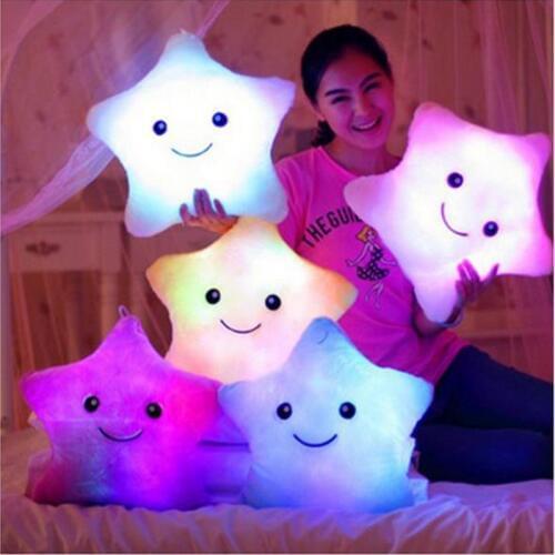 New Battery Powered Decorative Flashing LED Light Plush Pink Smiling Star Cushion Pillow