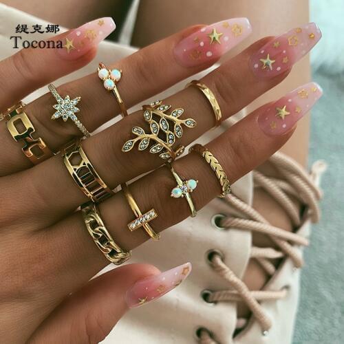 Tocona Charm 9pcs/sets Gold Rings Sets for Women Bohemian Leaf Clear Crystal Opal Stone Hollow Geometric Jewelry кольца 14421