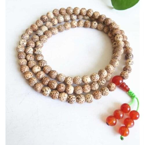 BRO835 Old Beige Yellow Star Moon Bodhi Meditation Prayer Mala Necklace with Red Carnelian Guru 108x8mm