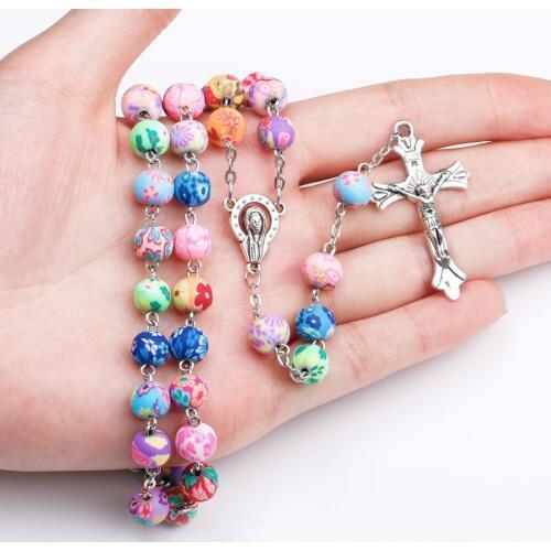 Soft Pottery beads long chain necklaces men women Prayer rosary catholic jesus christ cross pendant jewelry