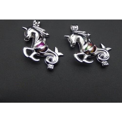 10pcs silver unicorn pearl cage necklace pendant, aroma oil diffuser adds your own pearl, stone makes it more attractive