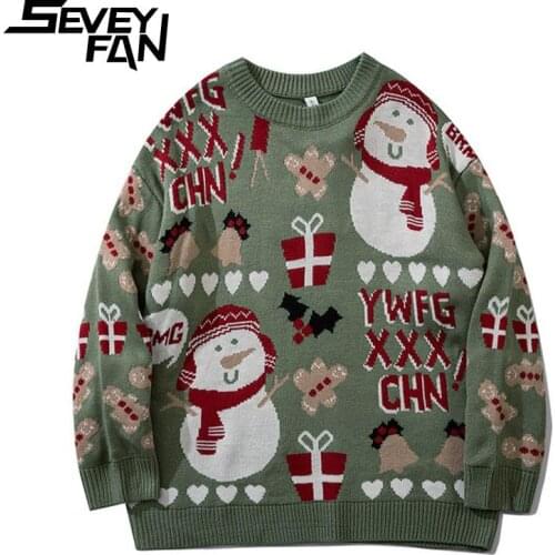 Seveyfan Mens Ugly Christmas Snowman Sweater Hip Hop Oversize Cotton Pullover Knitwear for Couples