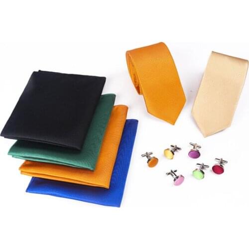 Slim Mens Tie Set Skinny Necktie&Handkerchief&Cufflinks Sloid Ties For Men Business Weddding Slik Tie Hanky Cufflinks Mens Set