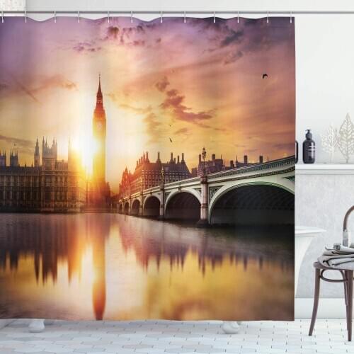 London Shower Curtain Big Ben and Westminster Bridge at Dusk with Blurry River Reflection Image Bathroom Decor Set with Hooks