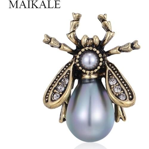 MAIKALE Vintage Bee Brooch Pins Pearl Insect Brooches for Women Clothes Accessories Broches Charm Scarf Buckle Jewelry Wholesale