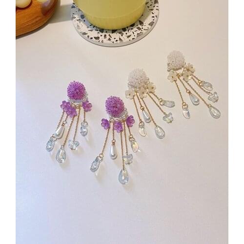 Origin Summer Exquisite Flower Waterdrop Simulation Pearl Dangle Earring for Women Purple White Long Tassel Crystal Jewellery