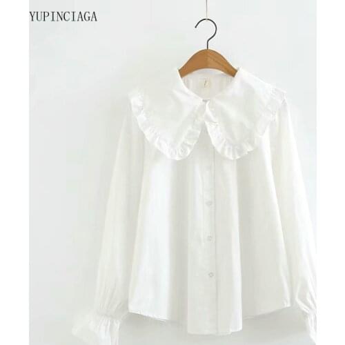 Womens Tops And Blouses Loose Lotus Leaf Collar Long Sleeve Cotton Shirts 2021 Summer Sweet White Shirt Girls 2113838