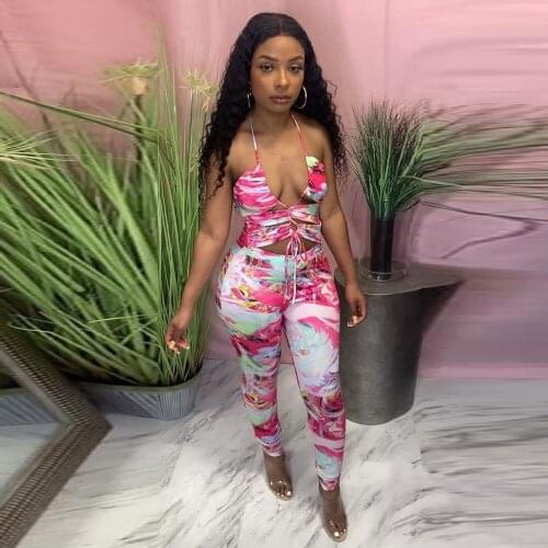 Aesthetic Print Skinny Backless Rompers Women Jumpsuit Sexy Hollow Out Sleeveless Lace Up Playsuit Clubwear Bodycon Slim Catsuit