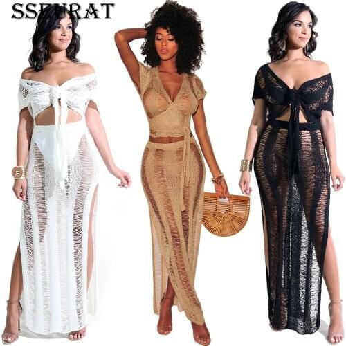 SSEURAT Women Knit Two Piece Set Hollow Out Sexy V Neck Short Sleeve Front Tie Crop Top High Slit Maxi Skirt Holiday Club Outfi