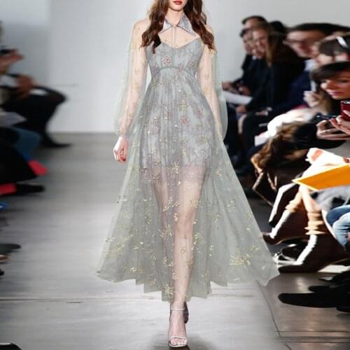 Runway Fashion Women Shirt Dress 2021 Summer High Quality Turn-Down Collar Flower Embroidery Mesh Beading Long Party Dress