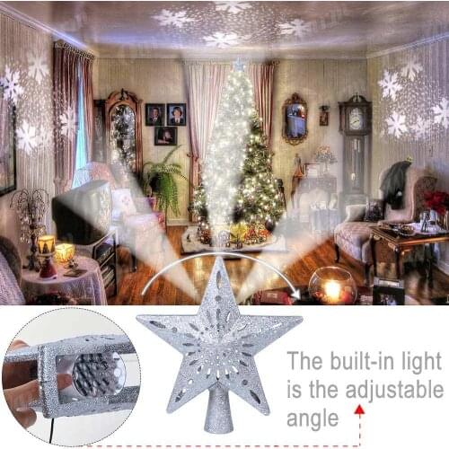 3D Hollow Star Christmas Tree Topper with Snowflake Projector Light Rotating LED Snowflake Projector Lights XMAS Hanging Decor