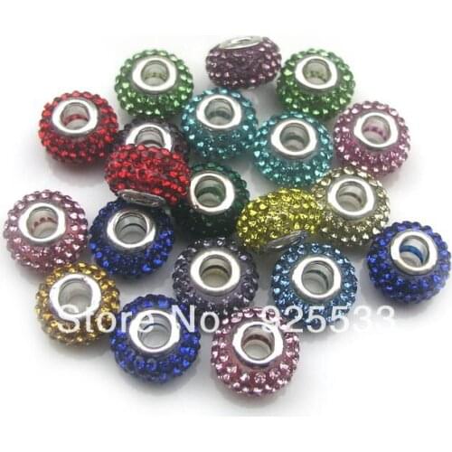 Free Shipping 20PCS 14mm Resin Rhinestone Silver Plated Core Big Hole Loose Beads fit European Bracelet Charms DIY mix Color