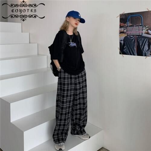 COYOTES Womens Pant Full-length Plaid Wide Leg Pants Women Elastic High Waist Plus Size Trousers Retro BF Casual Fashion Chic