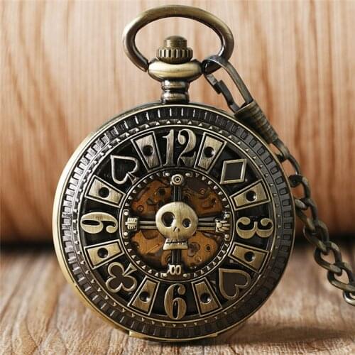 Vintage Bronze Poker Hollow Out Pocket Watch Men Women Automatic Mechanical Watches with Chain Skeleton Clock Pendant Chain Gift