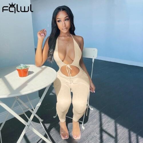 FQLWL Streetwear Jumpsuit Women Summer 2021 Hollow Out Sleeveless Backless Jumpsuits V Neck Halter Bodycon Jumpsuit Outfits