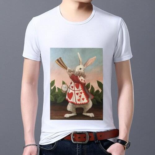 Classic White Mens T-shirt Printing Sweet Wind Fashion Funny Rabbit Pattern Series Breathable All-match O-neck T-shirt Soft Top
