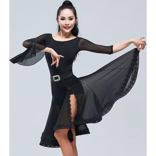 Latin Dance Performance Costume Set Mesh Sleeve Tops Women Ballroom Dancing Practice Dancewear Skirt Competition Clothing YS1789