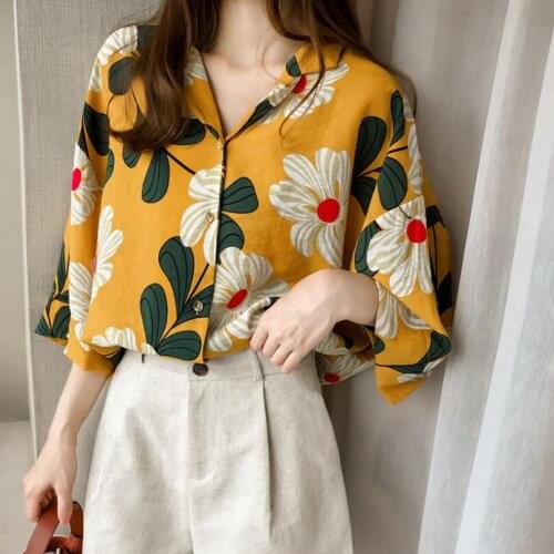 Printed Suit Collar Shirt Womens Three-quarter Sleeves Loose Top