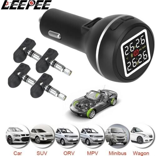 LEEPEE Save Fuel High Temperature Alarm TPMS Cigarette Lighter Type Car Tire Pressure Monitoring System with 4 Internal Sensors