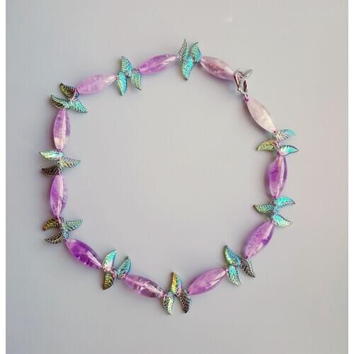LiiJi Unique Natural Genuine Lavender Amethysts Crystal Leaves Toggle Clasp Necklace 56cm