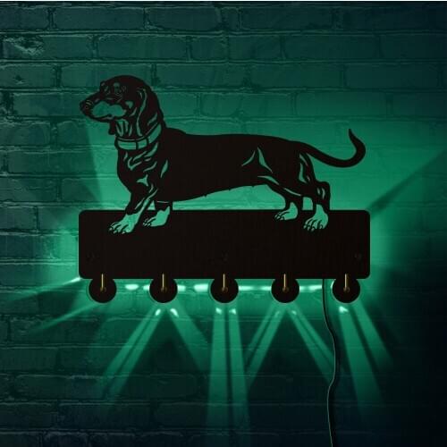 Dachshund Dog Wall Mounted Wooden Rustic Coat Hanging Rack Sausage Dog Doxie LED Lighting Wall Sign Multifunctional Key Hanger