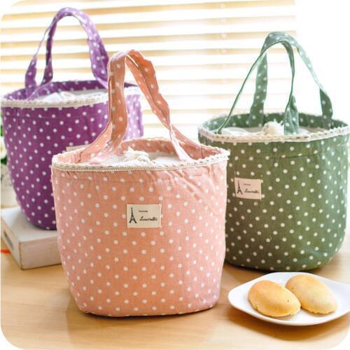 Lovely Polka Dot Cotton Canvas Lunch Bags Korean Cute Ice Pack Cooler Bag