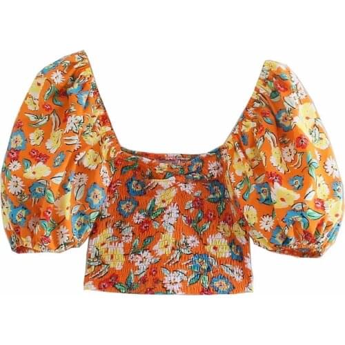 Za Sexy Hight Waist Short Shirts Summer Women Crop Short Sleeve Tops Casual Elegant Print Tops New Wear