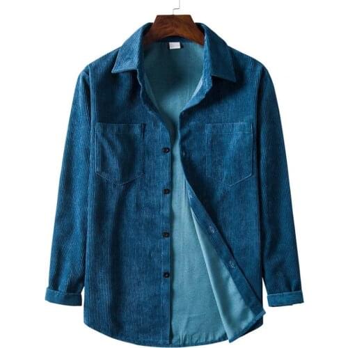 Long Sleeve Shirts for Men Fashion Solid Color Two Pockets Turn-down Collar Corduroy Casual Streetwear Shirt Male Outwear