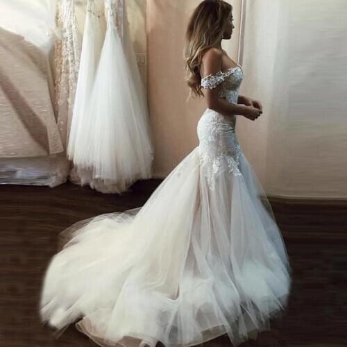 Sexy Mermaid Wedding Dress Off the Shoulder Straps Open Back Sweetheart Bridal Gown Soft Tulle Lace Appliqued White Ivory Custom