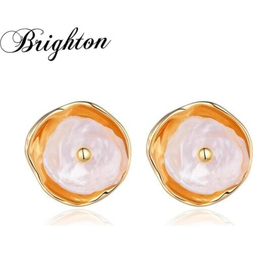 Brighton Baroque Bijou Natural Freshwater Pearl Stud Earrings For Women Gold Color Metal Punk Round Brincos Jewelry Gift 2021