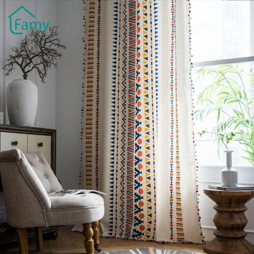 Curtains Cotton Linen Printing American Country Colored Hair Balls Living Room Bedroom Kitchen Curtains Finished Drapes Windows